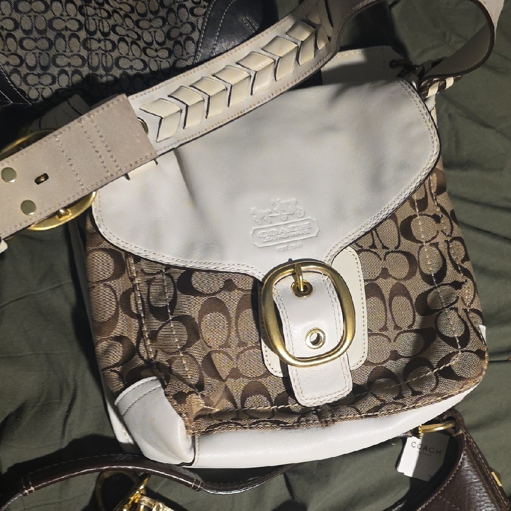 Coach Brown Signature Canvas Crossbody with White Leather Trim